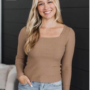 American Eagle Outfitters Ribbed Long Sleeve Square Neck Top in Tan